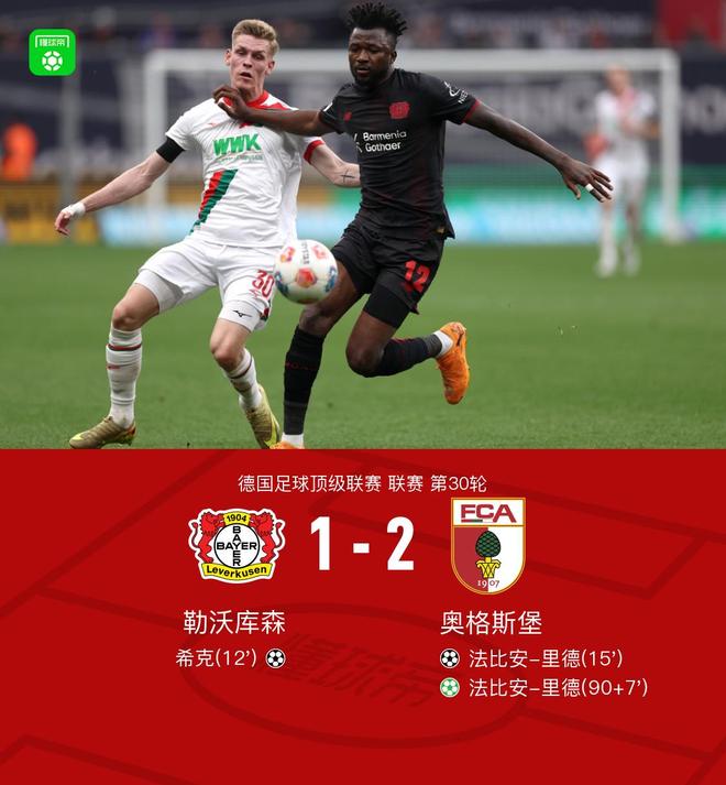 勒沃库森1-2奥格斯堡，希克破门难救主，法比安-里德双响
