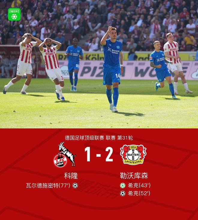 勒沃库森2-1客胜科隆暂距欧冠区1分，希克双响+远射中柱