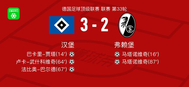 汉堡3-2弗赖堡，法比奥-巴尔德、卢卡-武什科维奇建功