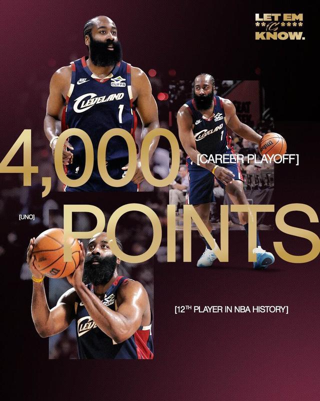 里程碑！哈登季后赛生涯总得分突破4000分 历史第12人