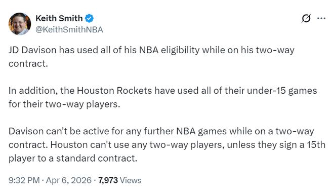 火箭将转正戴维森！季后赛15人名单出炉 首轮选残阵湖人最公平？