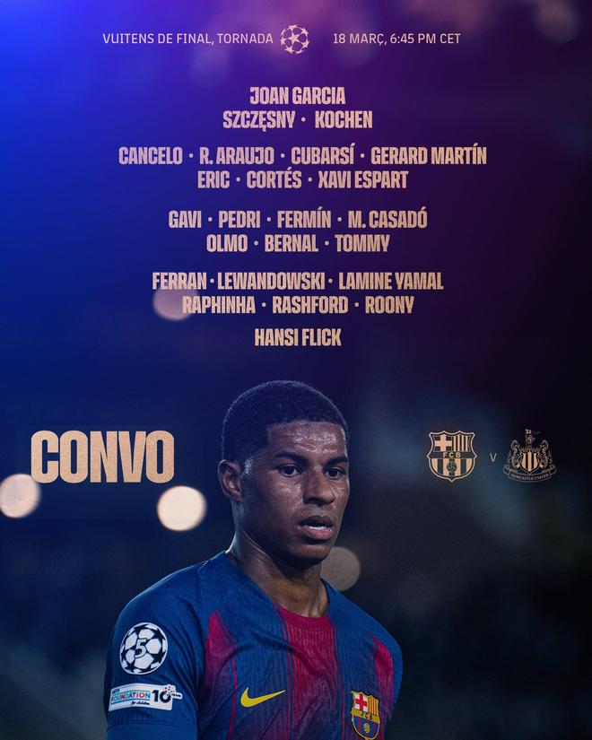 巴萨欧冠战纽卡大名单：莱万、亚马尔领衔，加维、佩德里在列