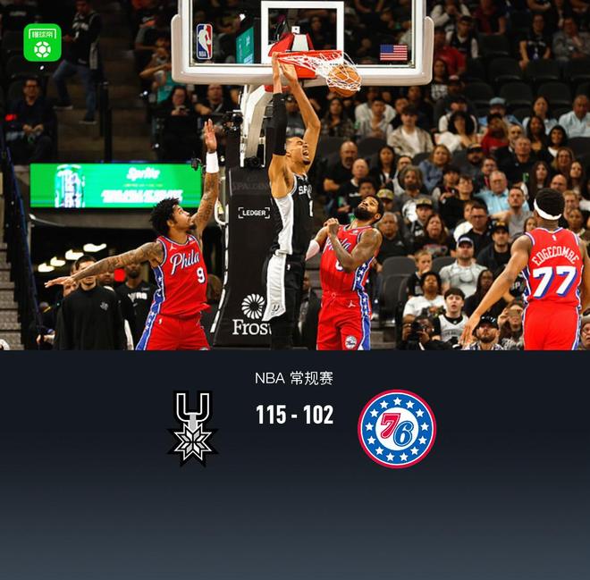 马刺115-102力克76人，文班伤退，恩比德空砍34分