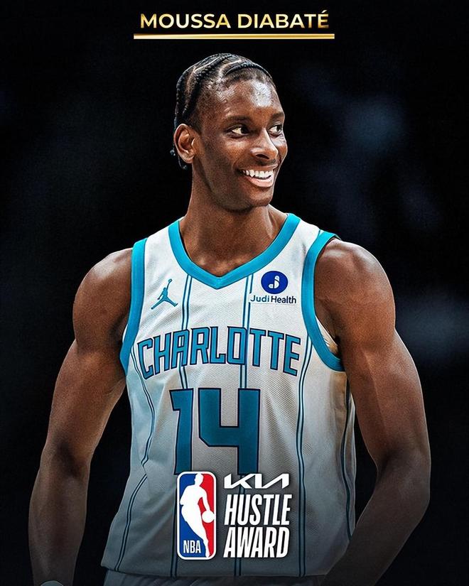NBA官方：黄蜂内线迪亚巴特荣膺拼搏奖 击败追梦哈特等对手