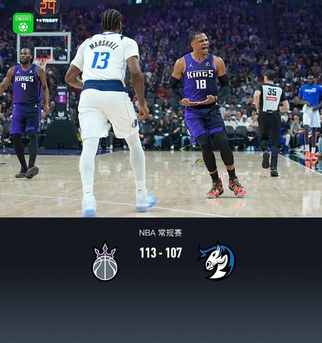 国王113-107击退独行侠,威斯布鲁克21+5+9,弗拉格23+6+5