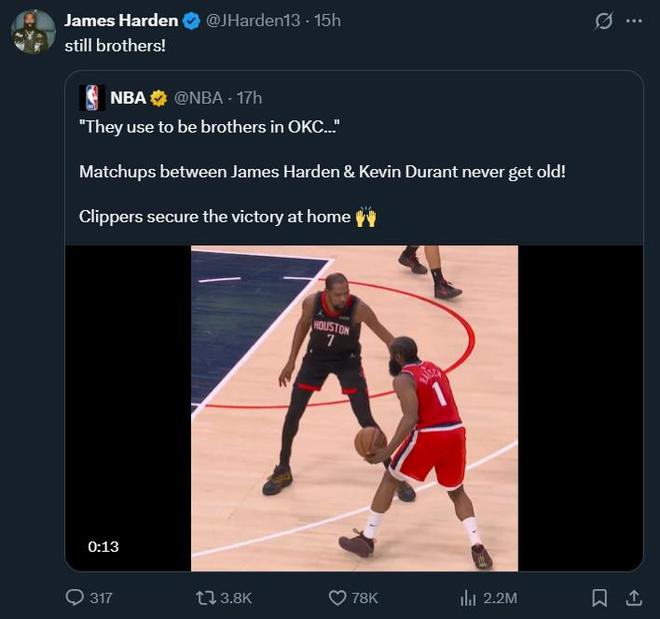 NBA官媒称哈登杜兰特曾是雷霆的兄弟，哈登转发：现在也是！