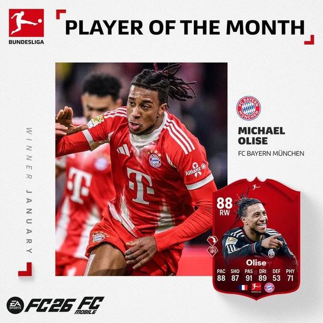 5场贡献3球7助攻，奥利塞当选德甲1月最佳球员...