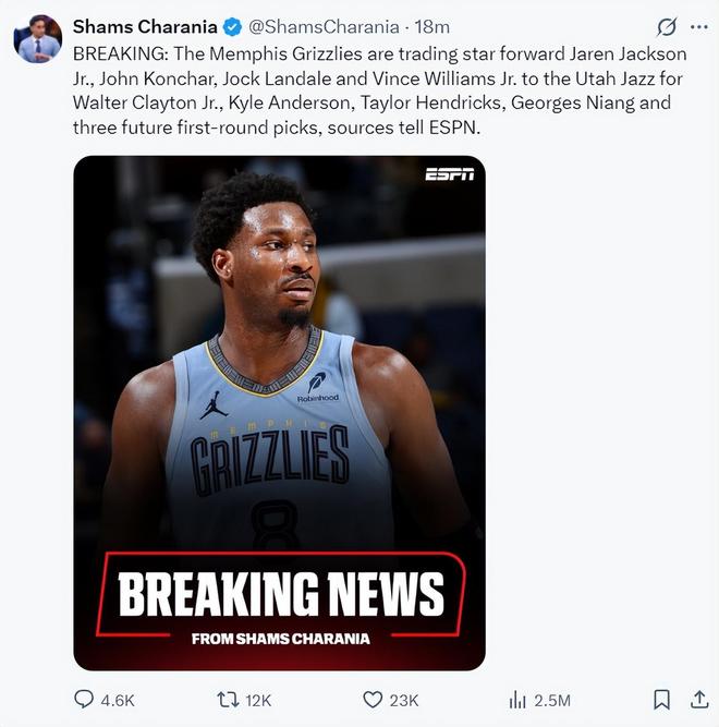 灰熊爵士涉及8人大交易!小贾伦换取3首轮签 灰熊未来7年握13首轮