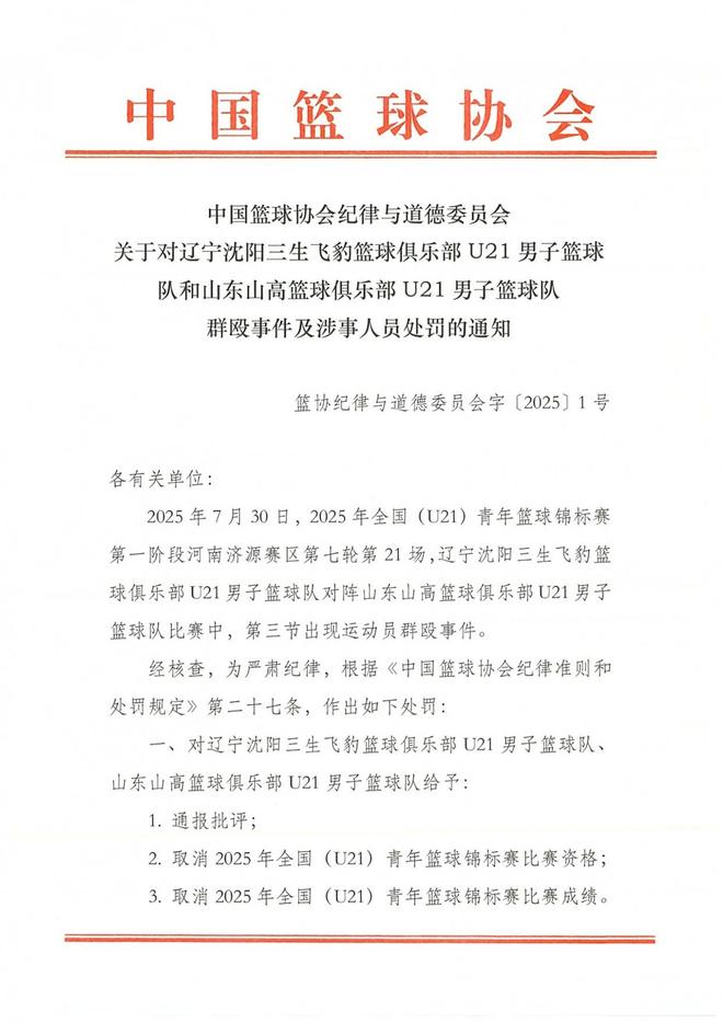 篮协官宣辽鲁处罚结果，17名球员被禁赛，张峻豪黄秋实被停赛三年